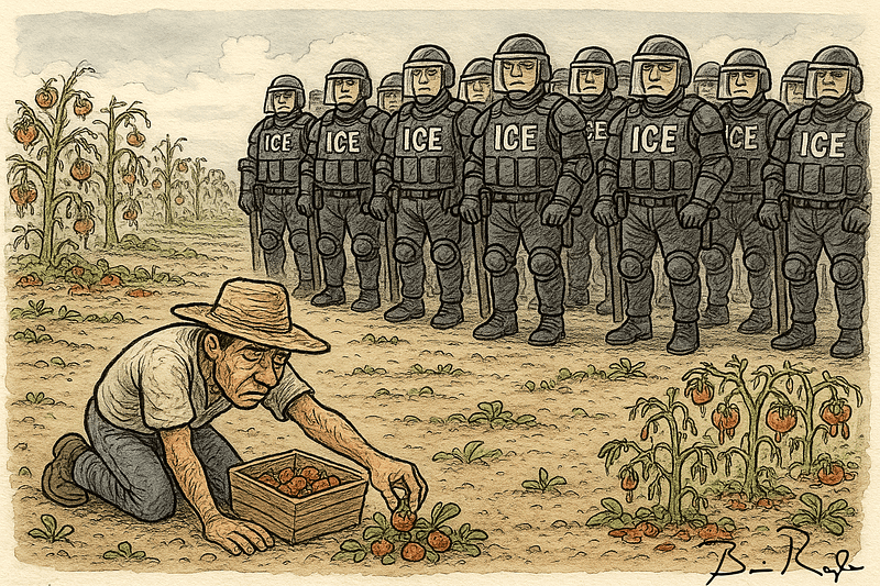 A weary farmworker kneels in a field, picking tomatoes and placing them into a wooden crate. Behind him stands a line of stern ICE officers in full riot gear, forming an intimidating wall. The tomato plants around the worker appear withered and sparse, and the sky is overcast.
