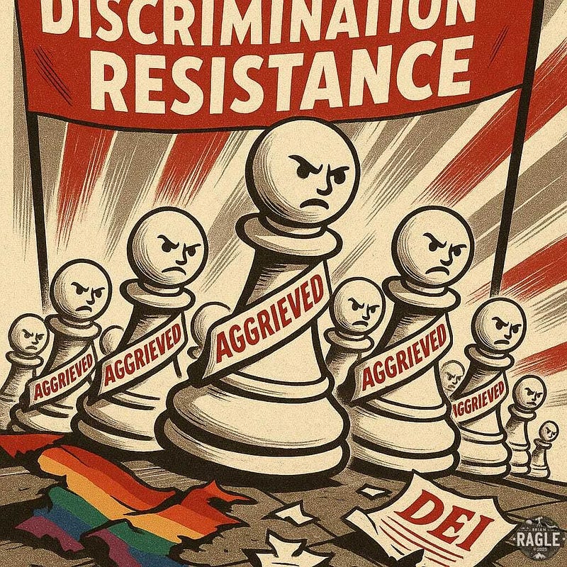 Illustration of angry white pawn chess pieces marching forward wearing red sashes labeled “AGGRIEVED.” They are under a large banner reading “DISCRIMINATION RESISTANCE.” The ground shows a torn rainbow pride flag and shredded papers labeled “DEI.” The image has a vintage propaganda poster style with bold red, beige, and black tones.