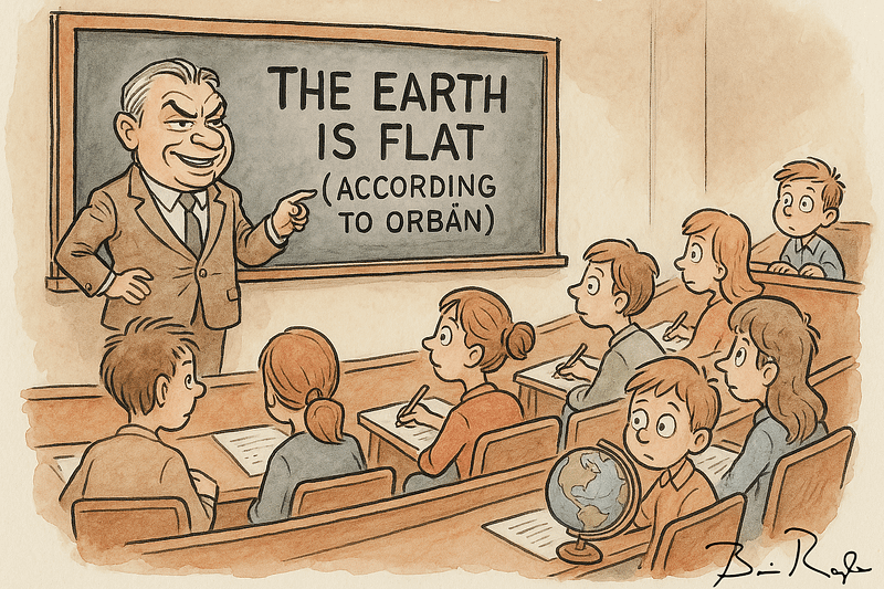 Cartoon of a classroom where a teacher points to a chalkboard that reads, “THE EARTH IS FLAT (ACCORDING TO ORBÁN).” The teacher is smirking confidently, and several students sit at desks, looking confused or skeptical. One student has a globe showing the Earth as round. The scene humorously critiques misinformation in education.