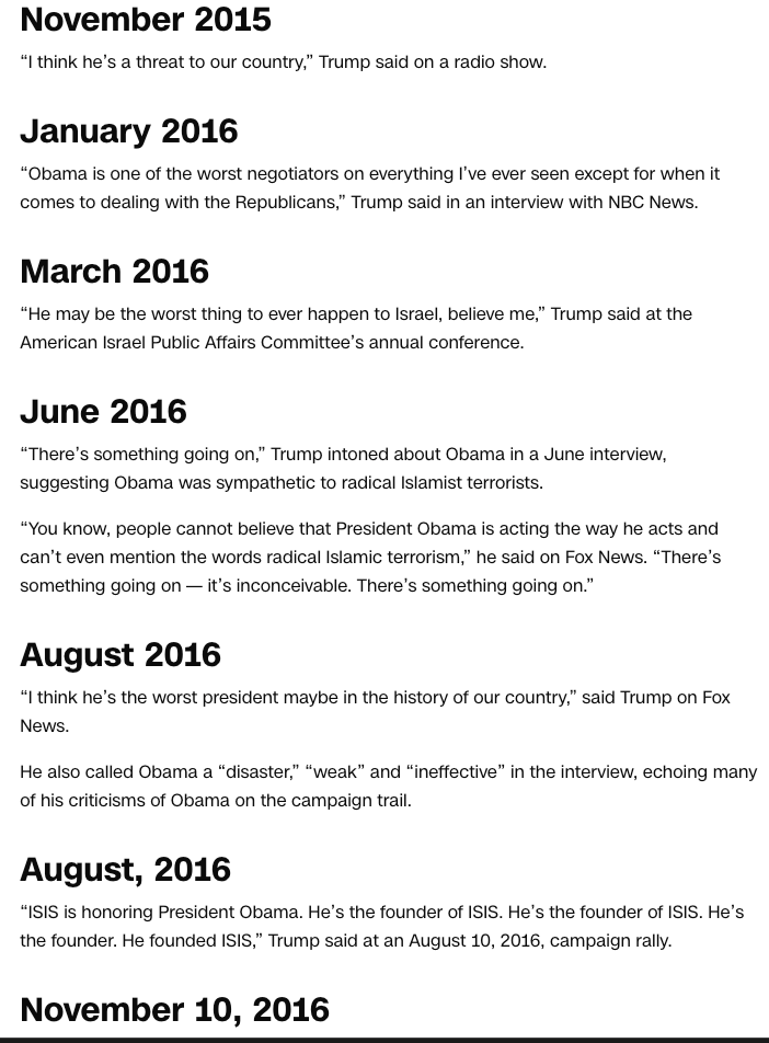 Alt text: A timeline of quotes from Donald Trump criticizing President Obama between November 2015 and November 2016. November 2015: Trump calls Obama “a threat to our country” on a radio show. January 2016: Trump tells NBC News Obama is “one of the worst negotiators on everything” except with Republicans. March 2016: At the American Israel Public Affairs Committee conference, Trump says Obama “may be the worst thing to ever happen to Israel.” June 2016: In interviews, Trump suggests Ob