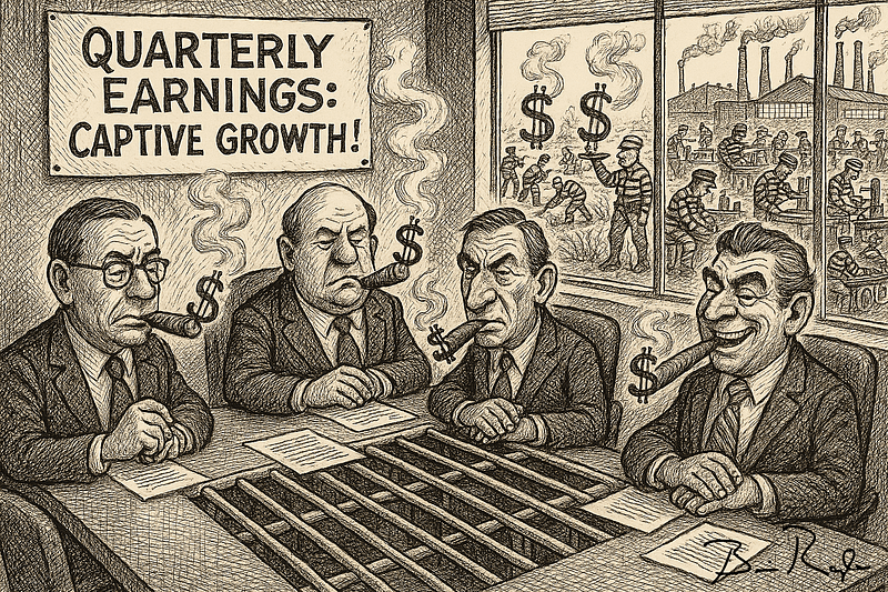 A black-and-white political cartoon depicts four suited businessmen with dollar-sign cigars sitting at a table with prison bars for a surface, under a sign reading “Quarterly Earnings: Captive Growth!” Outside the window, prisoners in striped uniforms work in fields and factories surrounded by dollar signs. Smoke rises from industrial chimneys, symbolizing profits made from prison labor.