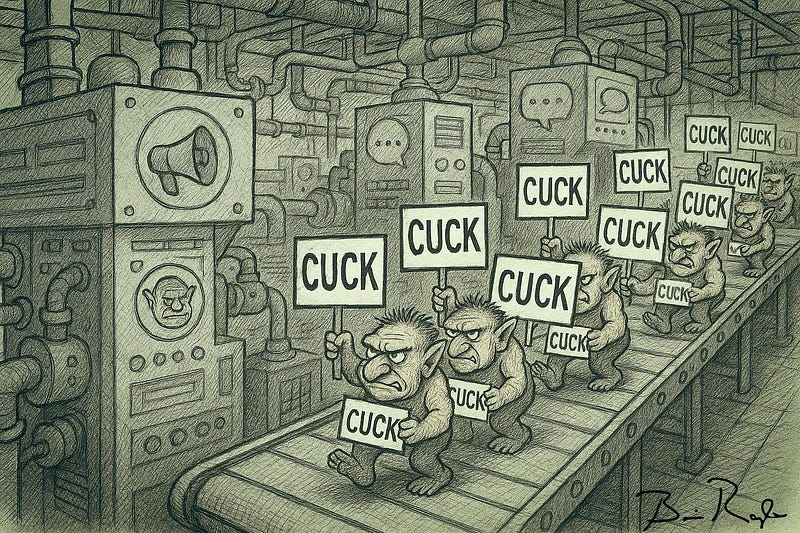 A monochrome cartoon depicts a factory assembly line producing internet trolls. Small, grumpy troll creatures march on a conveyor belt, each holding a sign that says “CUCK.” The machinery surrounding them is industrial and mechanical, with pipes, gears, and control panels. One large control box has a screen showing an angry troll face and a megaphone symbol above it, suggesting mass communication of insults. In the background, additional machines display chat bubble icons, emphasizing online dis