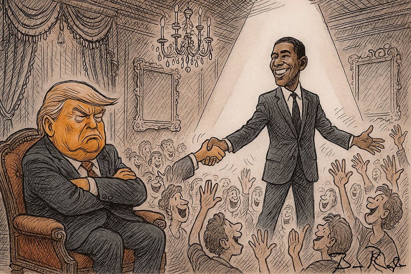A political cartoon shows a grumpy man with blond hair and a suit sitting cross-armed in an ornate armchair, frowning, while another smiling man in a dark suit stands in a spotlight, shaking the seated man’s limp hand. The standing man is surrounded by a cheering crowd with raised arms, while the seated man is isolated against a lavish, dimly lit room with framed pictures and a chandelier.