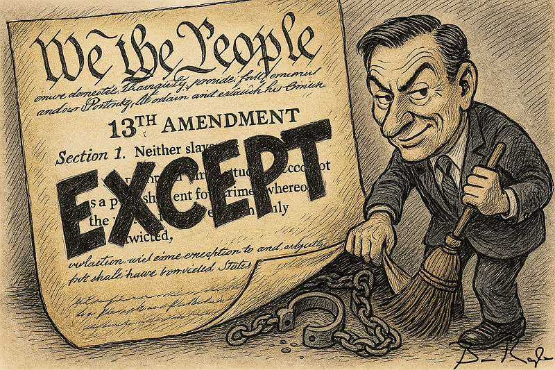 A political cartoon depicts a man in a suit grinning while sweeping broken shackles and chains under a large parchment of the U.S. Constitution. The document is labeled “13th Amendment” with the visible text of Section 1, but the word “EXCEPT” is stamped in bold black letters over it. The imagery suggests hiding or ignoring the exception clause in the amendment that allows involuntary servitude as punishment for a crime.