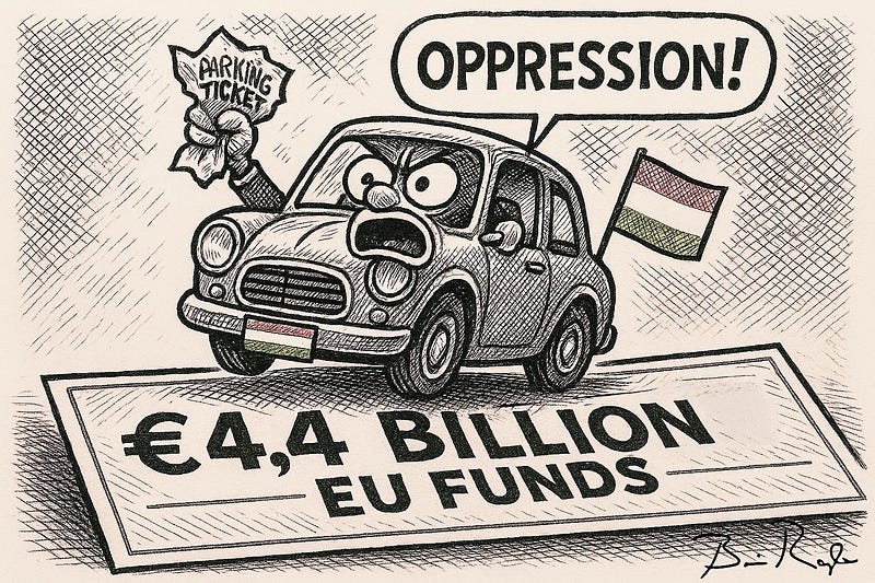 A political cartoon depicts an angry anthropomorphic car holding a crumpled “Parking Ticket” in one hand and shouting “OPPRESSION!” The car has bulging eyes, an open mouth, and a small flag resembling the Hungarian flag attached to its rear. It sits atop a large plaque reading “€4,4 BILLION EU FUNDS.” The cartoon suggests a reaction to European Union financial penalties.