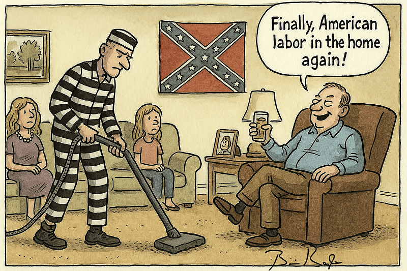 Cartoon showing a living room with a man in a prison uniform vacuuming the carpet while a smiling man relaxes in an armchair holding a drink. Two women sit on a couch in the background, looking uncomfortable. A Confederate flag hangs on the wall behind them. The seated man says, “Finally, American labor in the home again!”