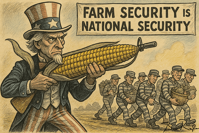 Illustration of Uncle Sam holding a large ear of corn like a rifle, with the caption “FARM SECURITY IS NATIONAL SECURITY.” In the background, men in striped prison uniforms carry baskets of harvested crops. The image conveys the idea of agricultural production as a matter of national defense.