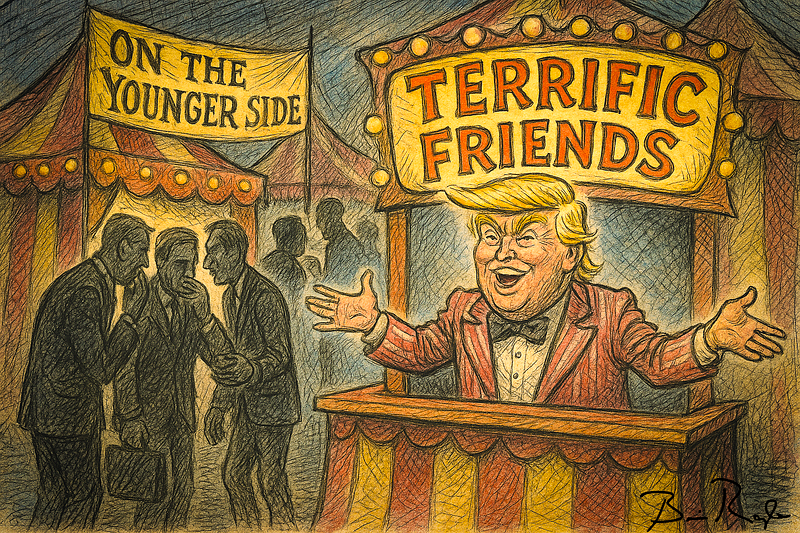 A colorful cartoon depicts a carnival scene at night. In the foreground, a man with blond hair in a red suit and bow tie grins widely and gestures with open arms from a booth labeled “TERRIFIC FRIENDS” in large, lit-up letters. Behind him, a striped circus tent displays a sign that reads “ON THE YOUNGER SIDE.” In front of this tent, silhouettes of men in suits huddle together, some whispering or leaning in conspiratorially. The overall tone is satirical, with warm yellow and red tones illuminati