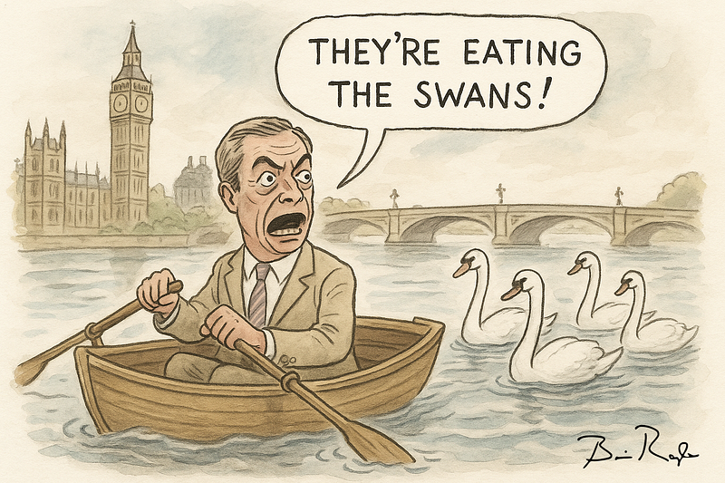 A cartoon shows a man in a suit, rowing a small wooden boat on the River Thames with Big Ben and the Palace of Westminster in the background. He looks alarmed and shouts in a speech bubble, “THEY’RE EATING THE SWANS!” Four swans calmly swim nearby, seemingly unharmed. The illustration is signed “Brian Ragle”