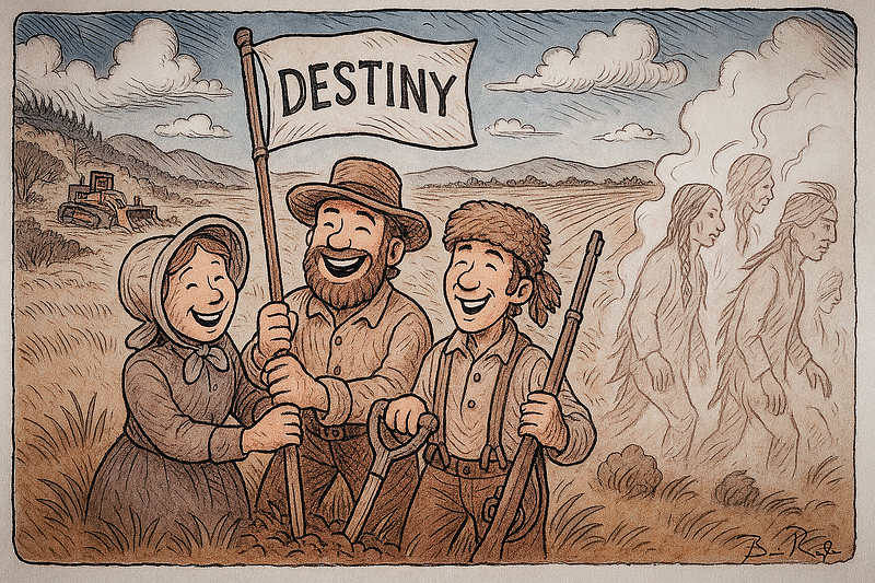 Cartoon illustration showing three smiling pioneers planting a flag labeled “DESTINY” in the ground. The group includes a woman in a bonnet, a bearded man in a wide-brimmed hat, and a young man wearing a coonskin cap holding a rifle. They stand in a plowed field with a shovel and farmland stretching behind them. In the background to the left, a covered wagon moves toward mountains. On the right, ghostly, sad-looking Native Americans fade into the distance, symbolizing displacement. The image ref