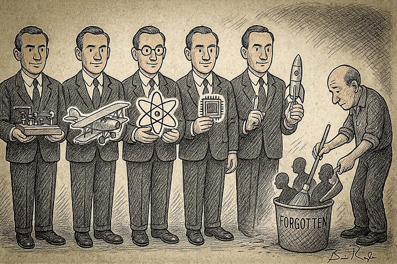 Illustration of six men in suits standing in a row, each holding symbols of technological progress: a telegraph, an airplane, an atom, a microchip, a light bulb, and a rocket. At the end, an older man is placing the silhouette of a man into a trash can labeled “FORGOTTEN,” which already contains several other silhouettes. The background is sepia-toned and sketch-like, emphasizing the theme of forgotten inventors.