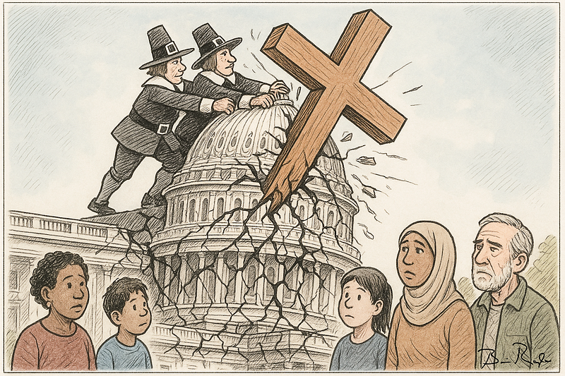 Cartoon illustration showing two Pilgrims pushing a large wooden Christian cross into the dome of the U.S. Capitol building, causing cracks to spread through the structure. On the left, two children watch with concerned expressions, while on the right, a girl, a woman in a hijab, and an older man also look on solemnly. The scene suggests the impact of religion on government and its effect on diverse communities.