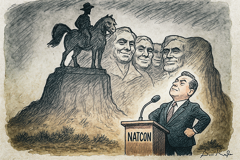 A political cartoon shows a man standing proudly at a podium labeled “NATCON,” looking up at a hillside. On the left, a statue of a rider on horseback stands atop a pedestal. Behind it, the Mount Rushmore monument features the carved faces of four U.S. presidents. The man appears to admire the statue and the mountain, conveying a sense of ambition or self-importance. The background is shaded in muted browns and grays, with the man highlighted for emphasis.