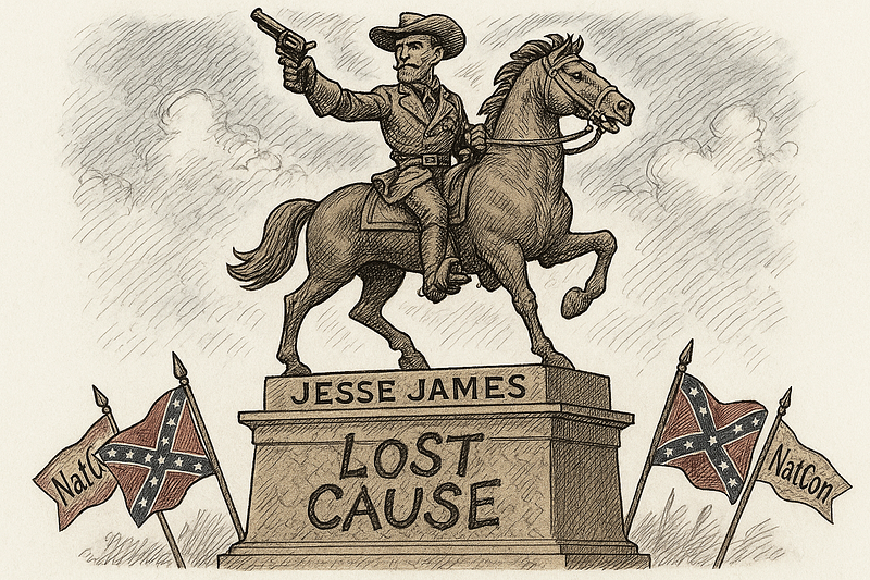 Illustration of an equestrian statue of Jesse James holding a revolver, labeled “LOST CAUSE,” with Confederate flags on either side bearing the word “NatCon,” set against a cloudy sky.