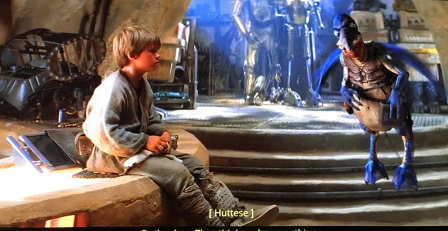 Watto’s junk shop on Tatooine from The Phantom Menace (1999), with Anakin working.