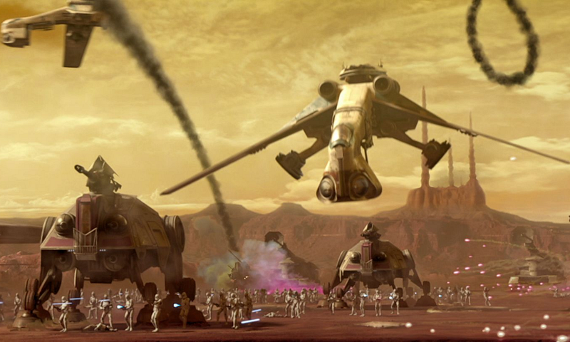 The Battle of Geonosis from Attack of the Clones (2002) — wide shot of clone troopers and Jedi fighting battle droids.